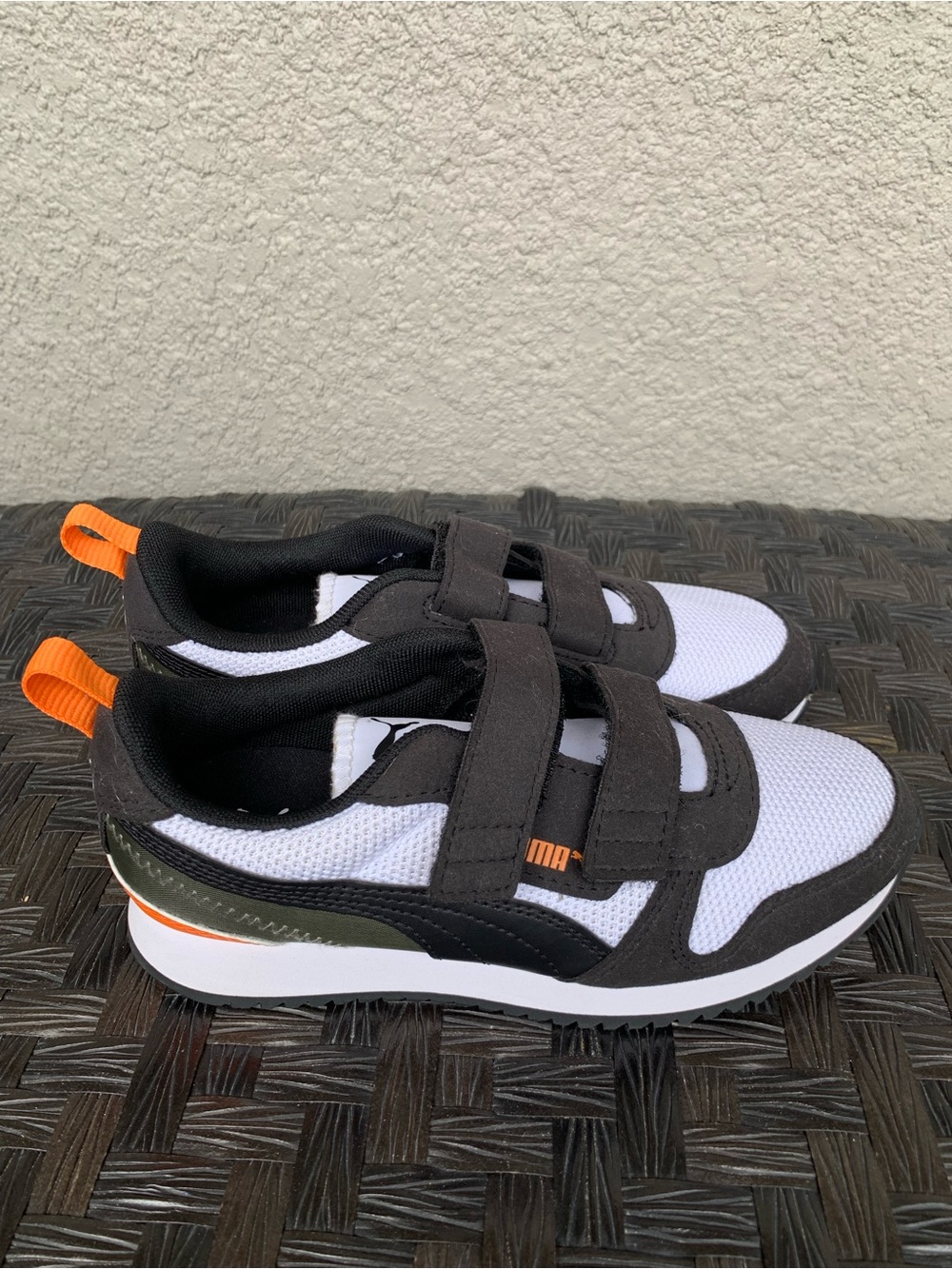 Puma Kids Black White and Orange Velcro Sneakers size 2,5C
